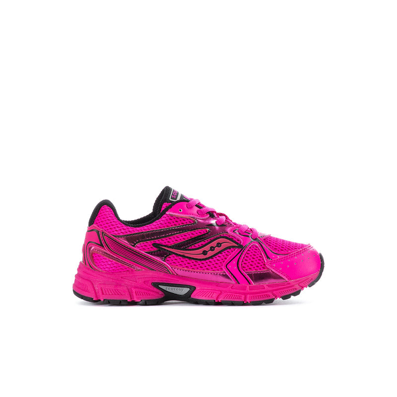 Kids' pink sneakers with black accents, lace-up design, and textured side panels