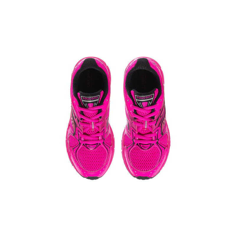 Kids' pink lace-up sneakers, top view with black interior and patterned upper