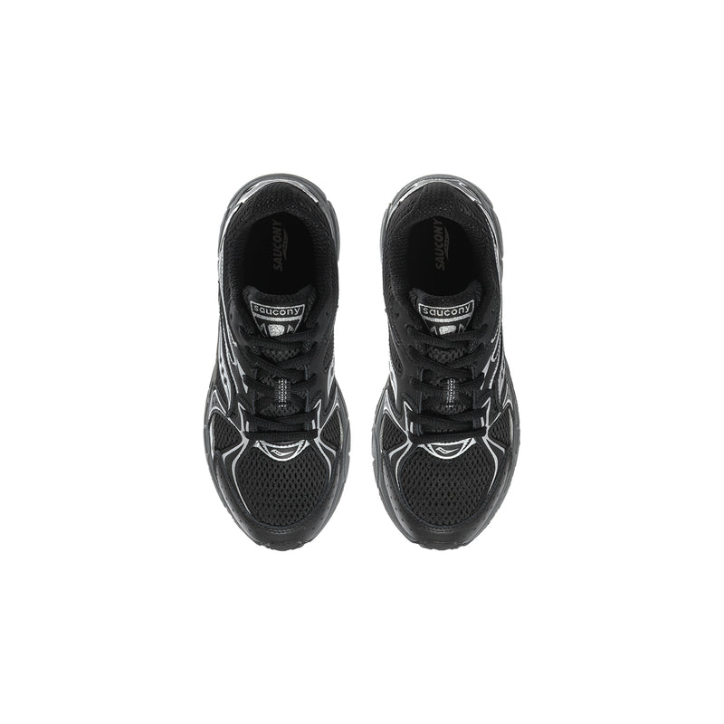 Kids black lace-up sneakers with mesh upper and Saucony logo on tongue