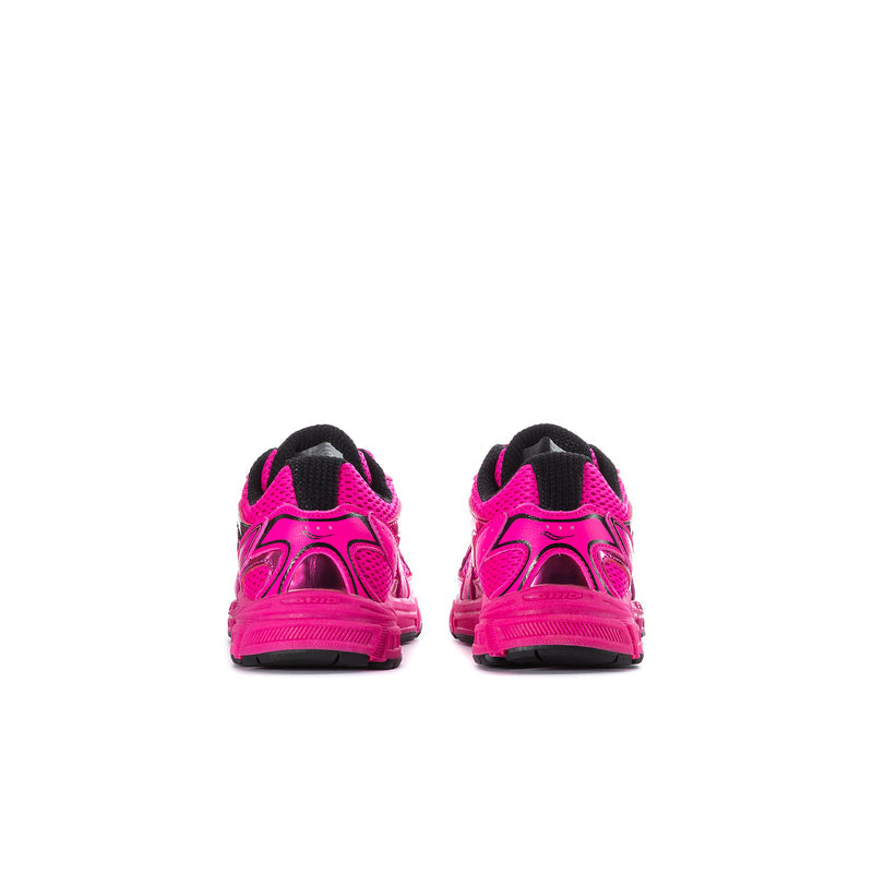 Kids' pink sneakers from heel view with black trim and lace-up back detail