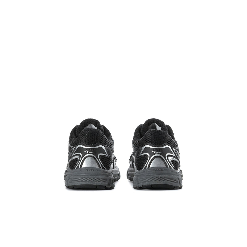 Kids black running sneakers rear view with cushioned heel and pull-loop detail