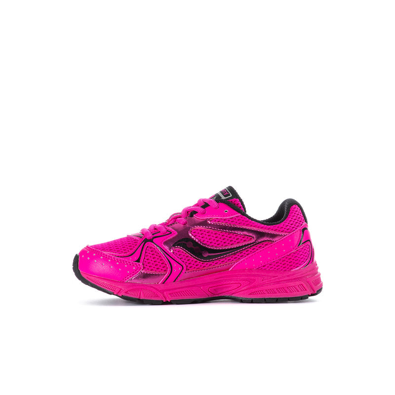 Kids' pink sneaker profile with black trim, sporty panels, and lace-up front