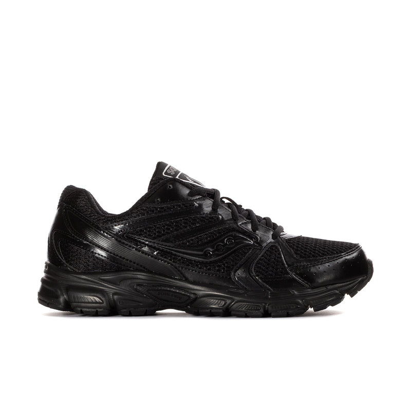 Men's black Saucony running shoes, angled side view with cushioned midsole