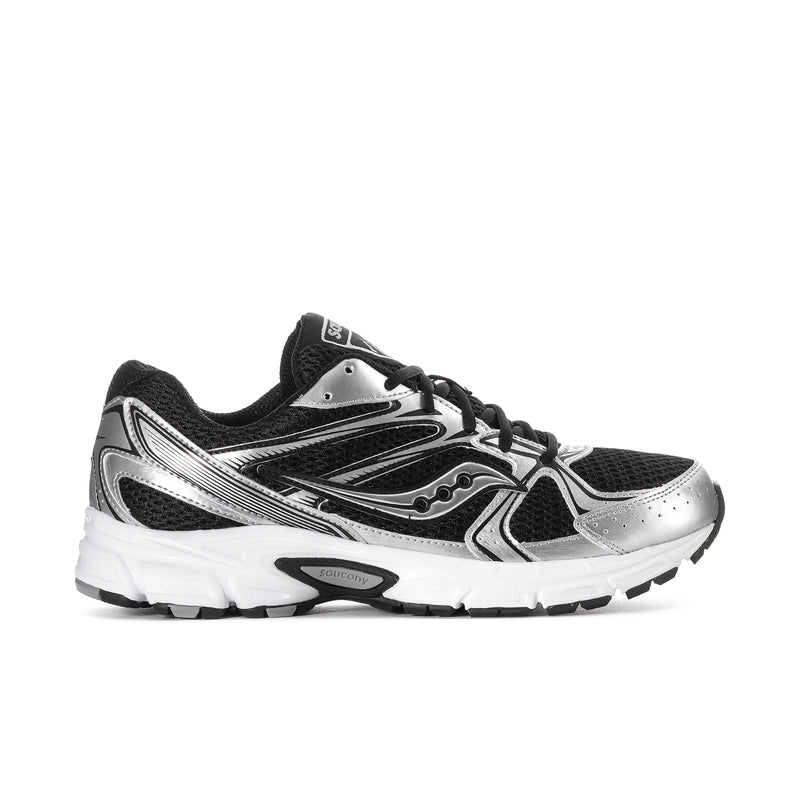 Men's black and silver running sneakers with lace-up mesh upper and chunky sole