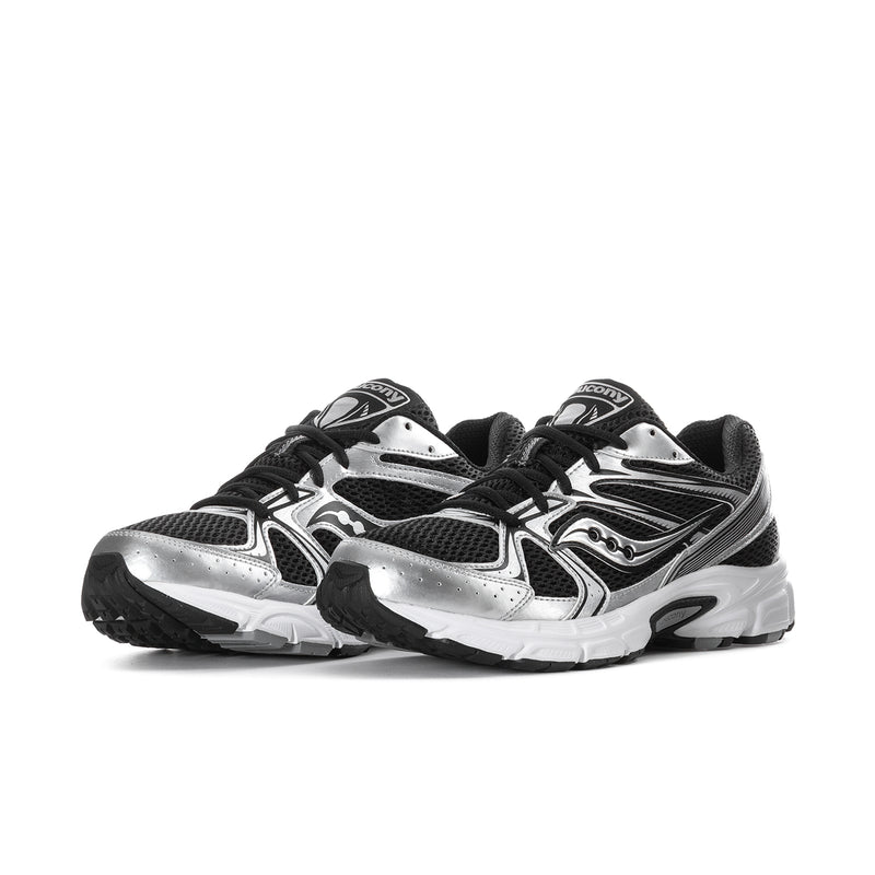 Men's black and silver running sneakers, side view with glossy overlays and lace-up front