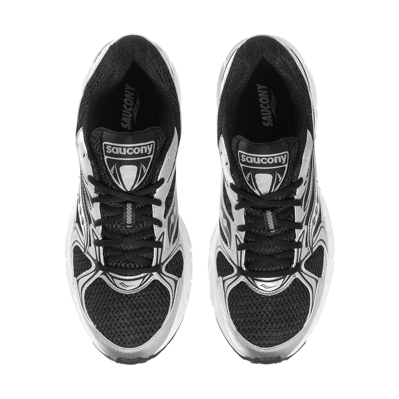 Men's black and silver running sneakers with Saucony logos on the tongue and lace front