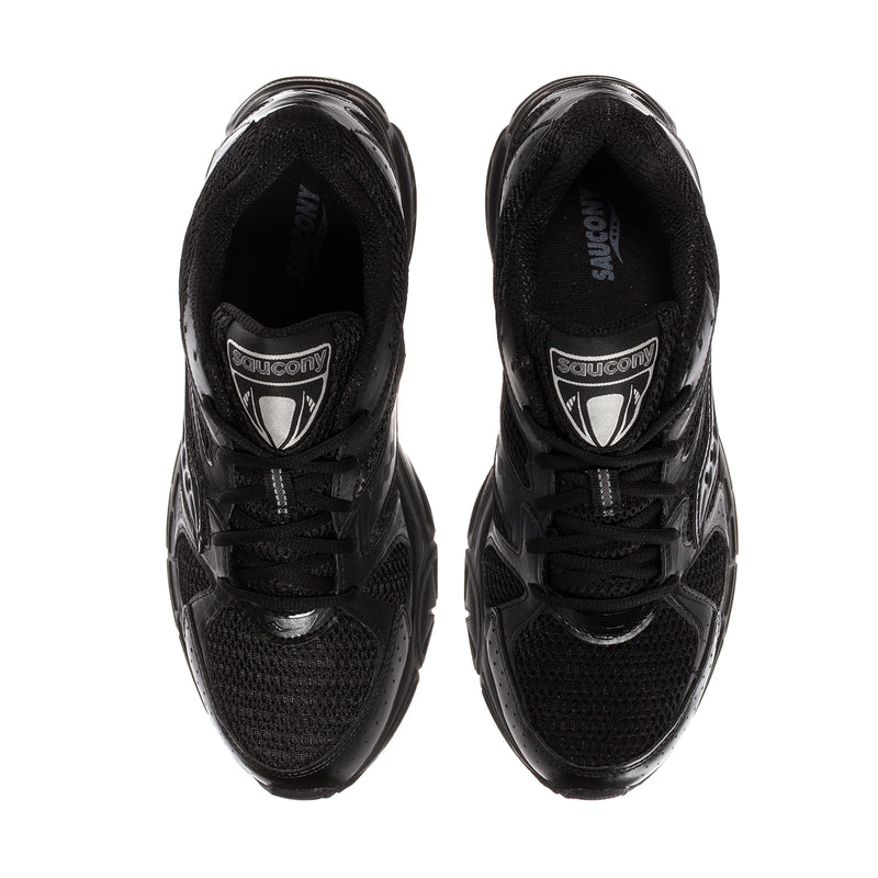 Men's black Saucony running shoes, rear view with lace-ups and padded collar