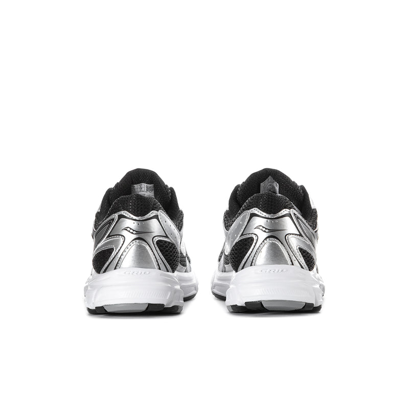 Men's black and silver running sneakers, heel view with padded collar and stacked sole