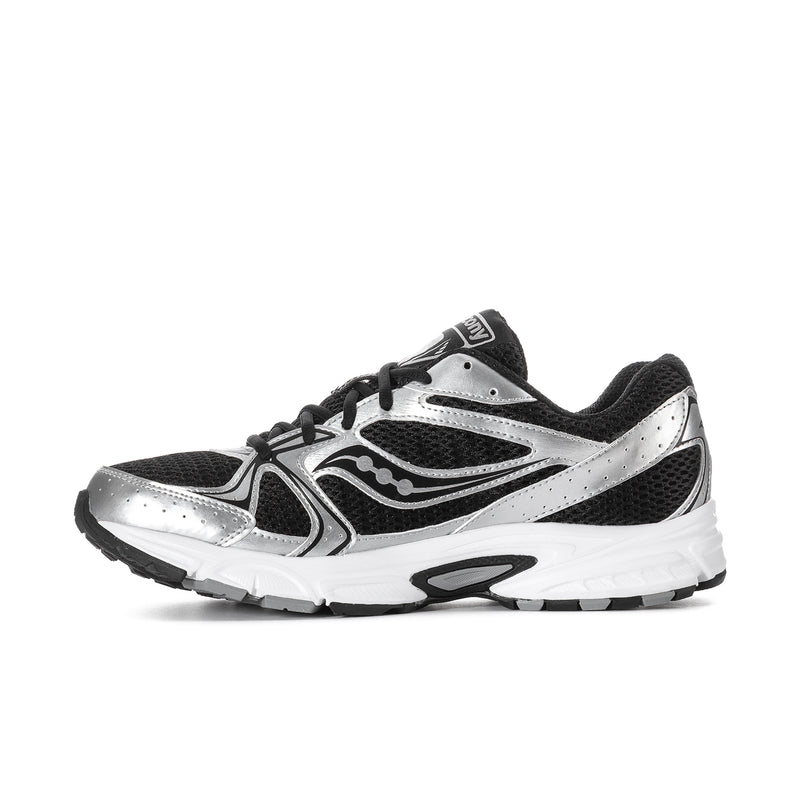 Men's black and silver running sneakers, quarter view with silver toe cap and lace-up design