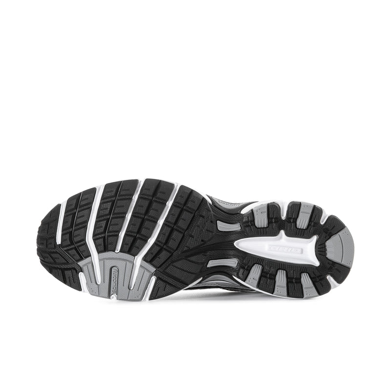 Men's black and silver running sneakers outsole tread, flat bottom view