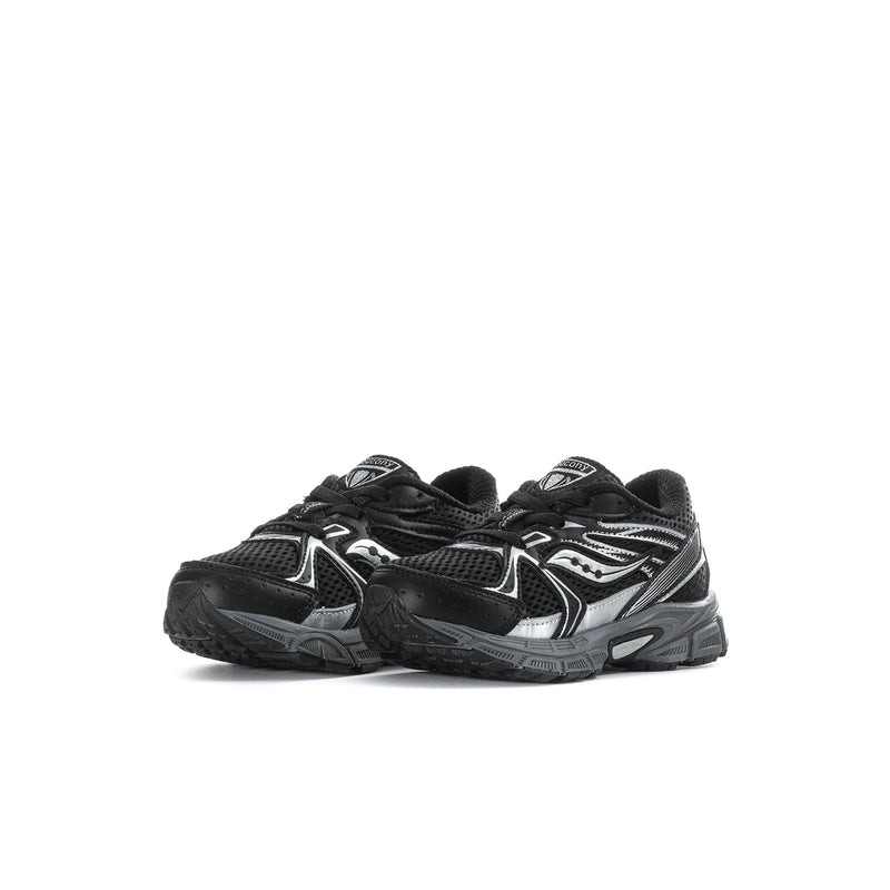 Black toddler sneakers with white chevron overlays and chunky protective toe caps