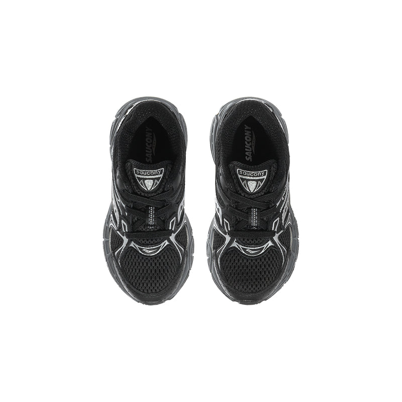Black toddler sneakers front view with hook-and-loop strap and white logo print