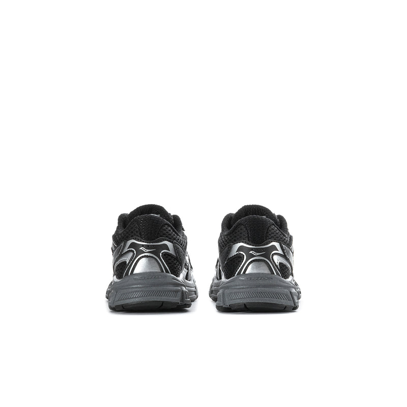 Black toddler sneakers back view with cushioned heel and gray outsole