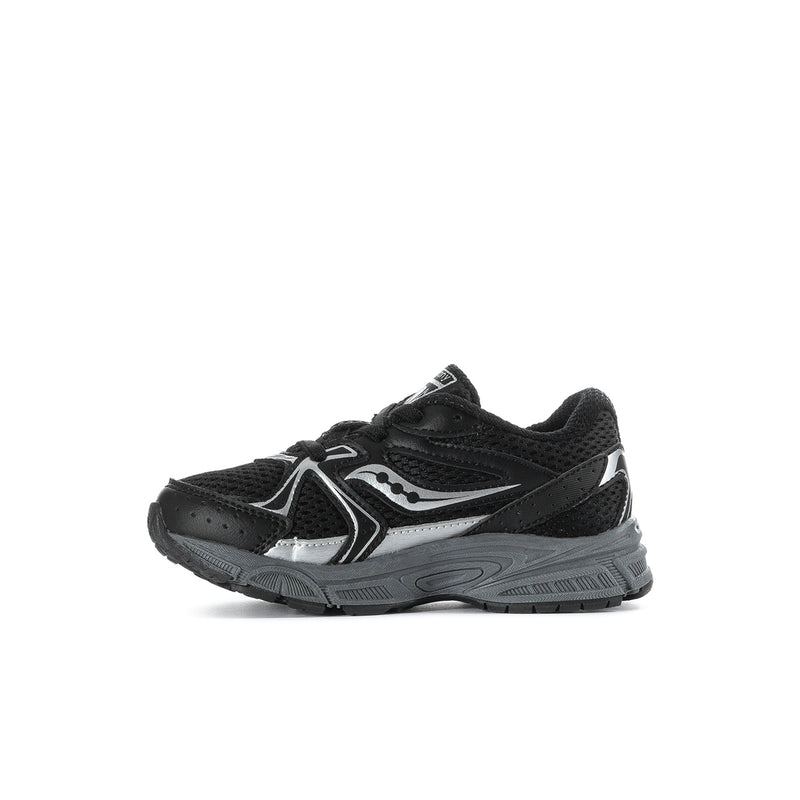 Black toddler sneakers side view with lace-up closure and white swoosh-style detail