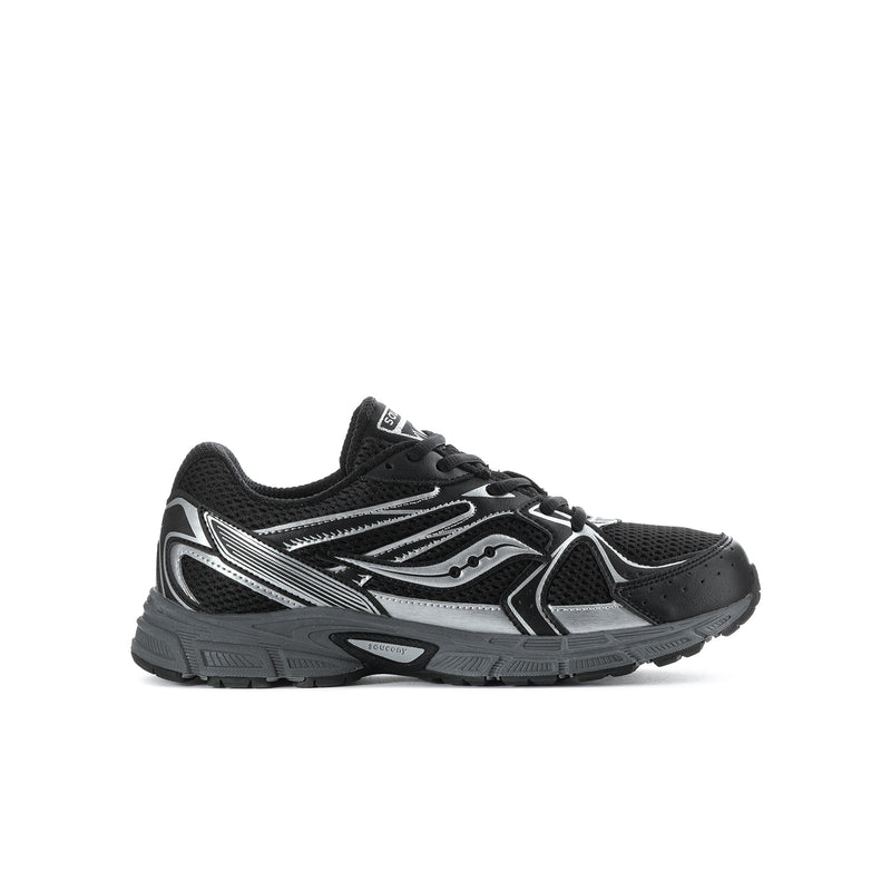 Youth black lace-up running shoe with silver Saucony logo detail