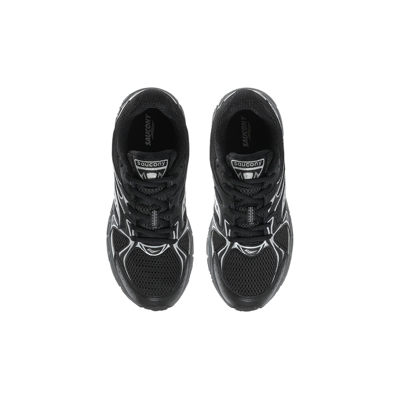 Youth black lace-up running shoes, showing tongue with Saucony branding