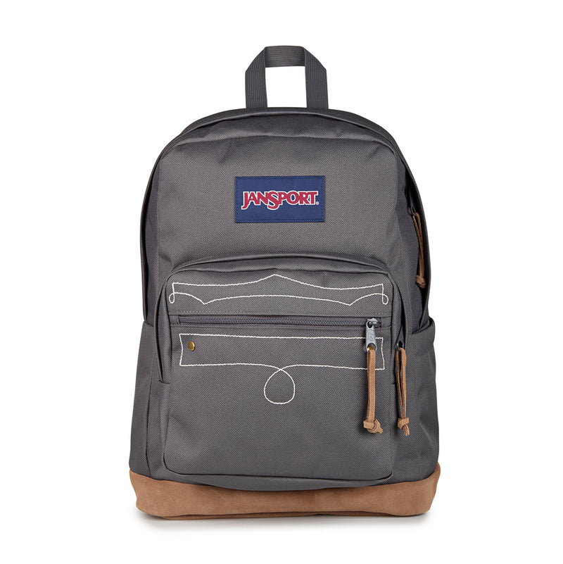 Gray JanSport backpack front view with blue logo patch, front zip pocket, and stitched trim.
