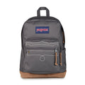 Gray JanSport backpack front view with blue logo patch, front zip pocket, and stitched trim.