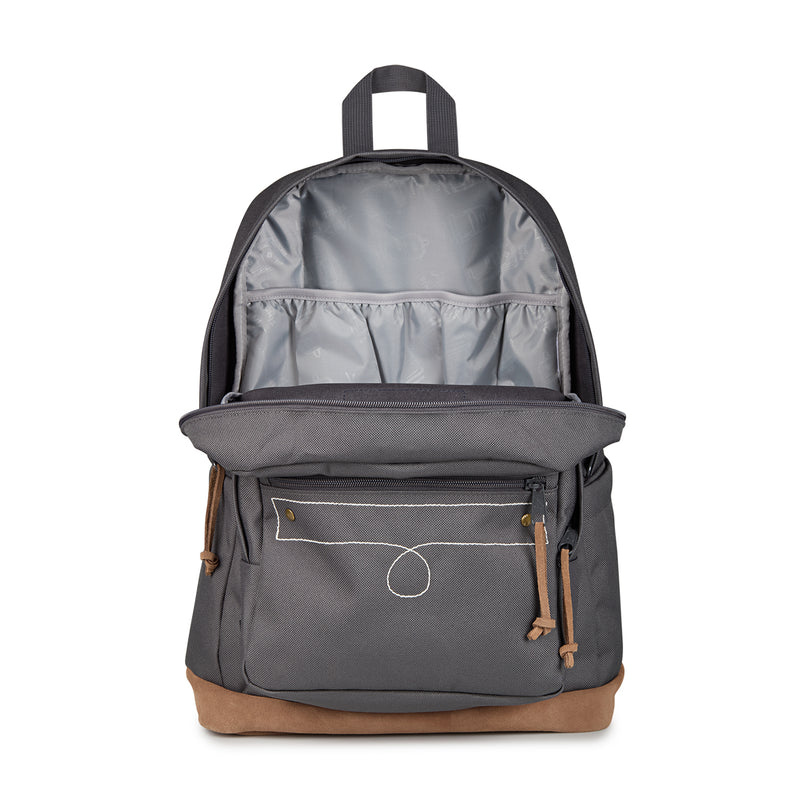 Gray JanSport backpack with open interior and front zip pocket, tan bottom panel.
