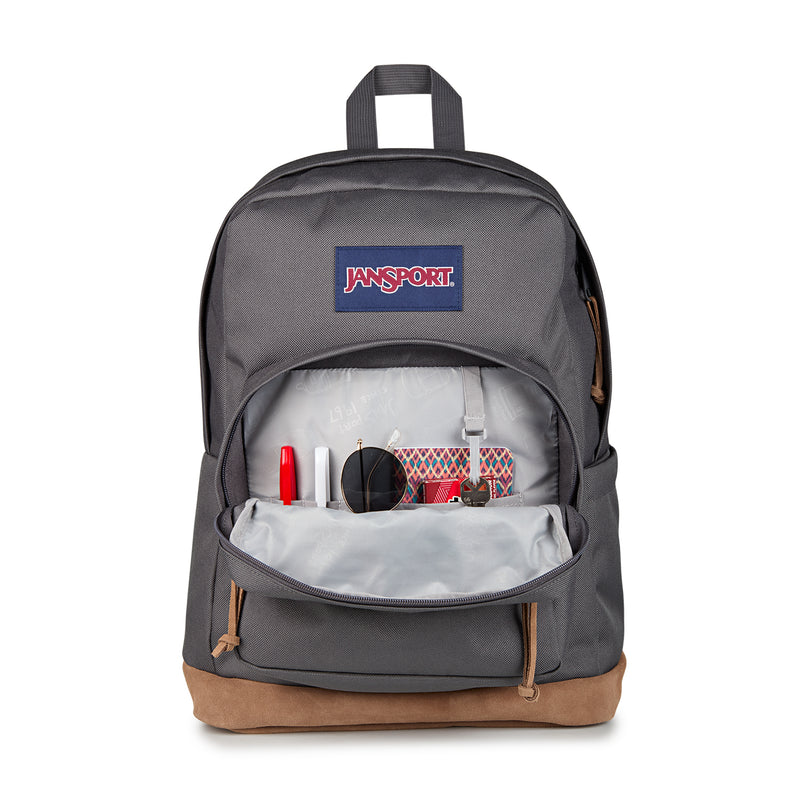 Gray JanSport backpack with open top showing organizer pouch and small items inside.