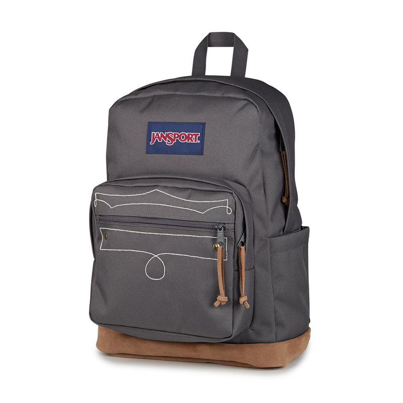 Gray JanSport backpack front view with blue logo patch and front zip pocket details.