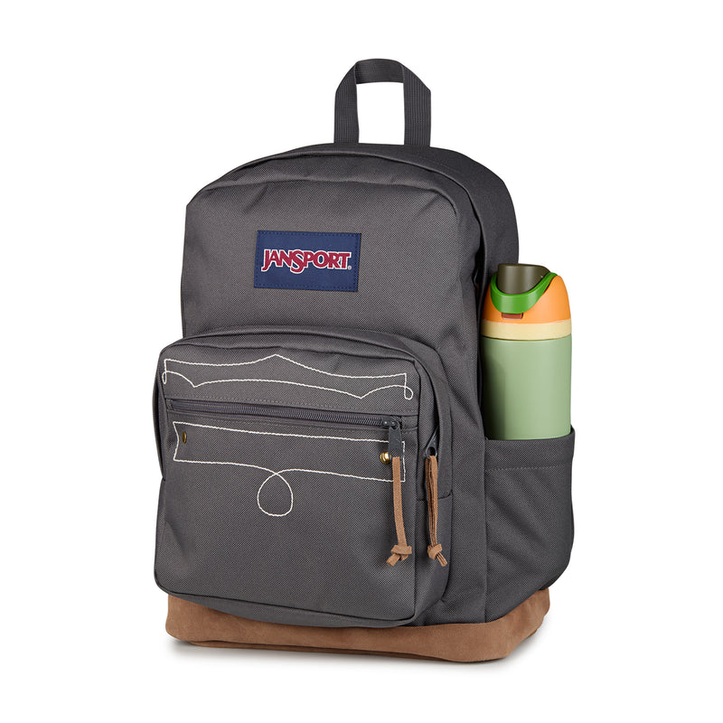 Gray JanSport backpack with front zip pocket and bottle in side pocket, blue logo patch.