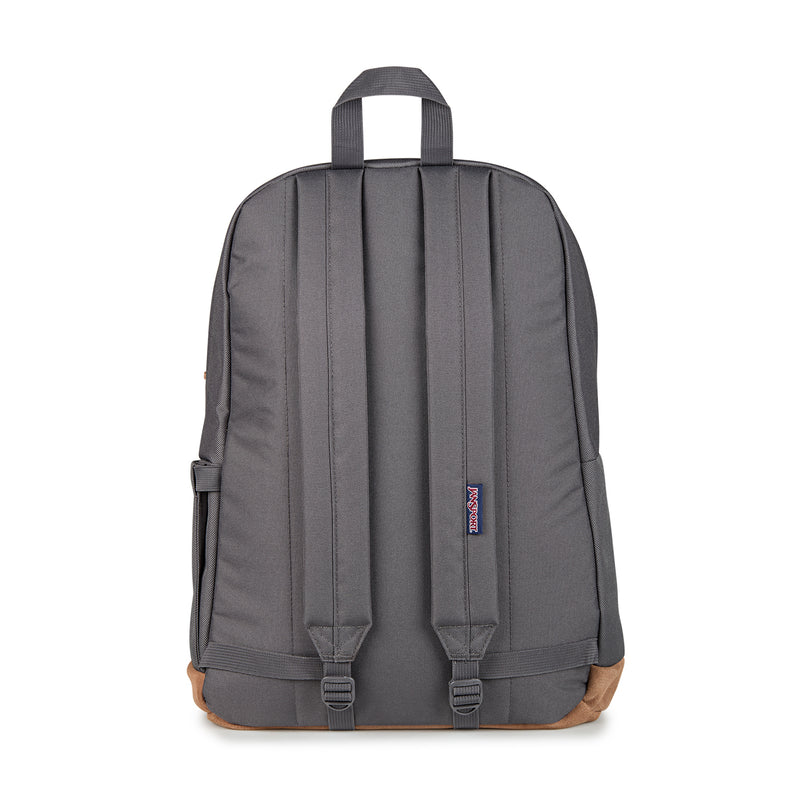 Gray JanSport backpack back view with padded panel and two adjustable shoulder straps.