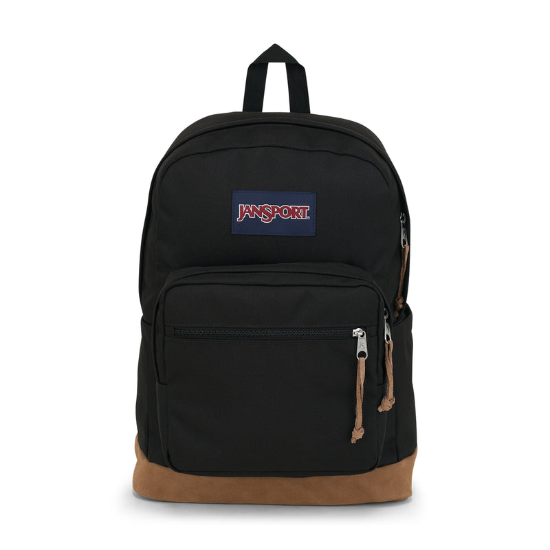 Black JanSport backpack front view with logo patch, front zip pocket, and tan base