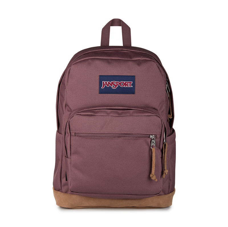 Mahogany Haze JanSport backpack with front zip pocket and side mesh bottle pocket