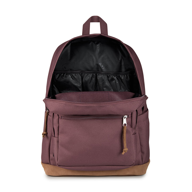Mahogany Haze JanSport backpack open view with black interior and front zip compartment