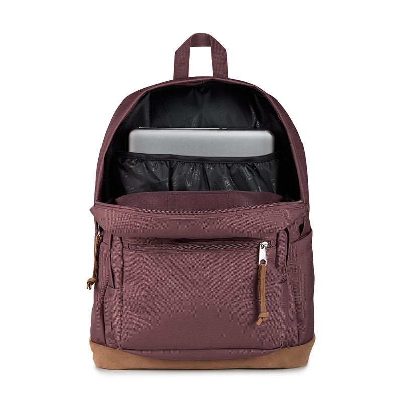Mahogany Haze JanSport backpack with open top showing black interior organizer
