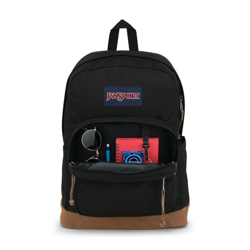 Black JanSport Right Pack backpack with logo patch, dual zippers, and tan base