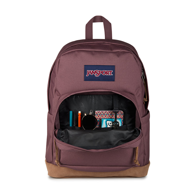 Mahogany Haze JanSport backpack open with items inside front compartment and top pocket