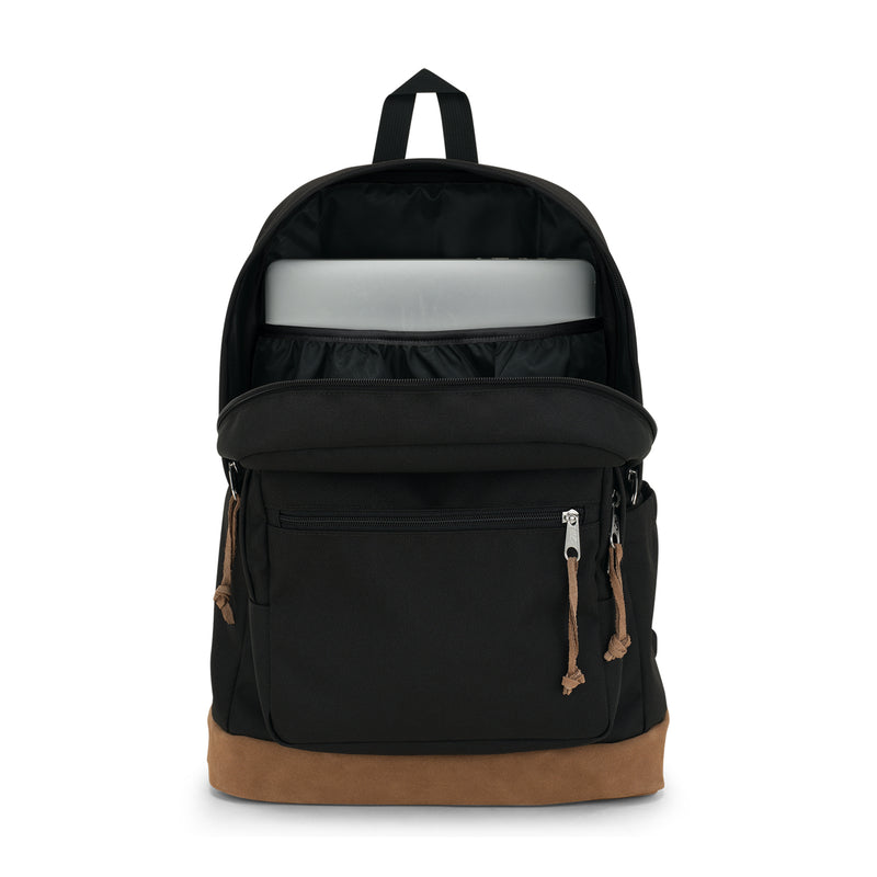 Black JanSport backpack back view with adjustable straps, top handle, and tan bottom