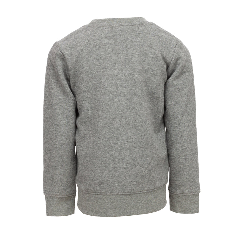 Toddler heather gray crewneck sweatshirt, back view