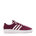 Men's burgundy suede low-top sneakers with white adidas stripes and laces.