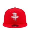 Red baseball cap with white embroidered front logo and curved brim
