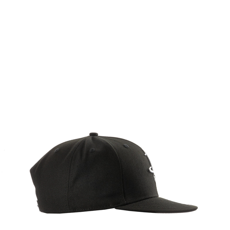 Black front-facing cap with curved brim and embroidered side details