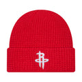 Red knit waffle beanie with white Rockets logo on folded cuff