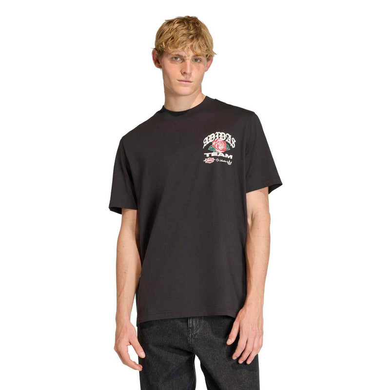 Men's black T-shirt with chest rose and team logo graphic