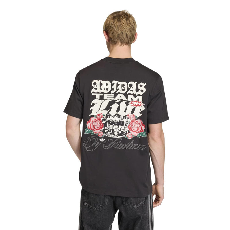 Men's black T-shirt back print with team logo, roses, and script lettering