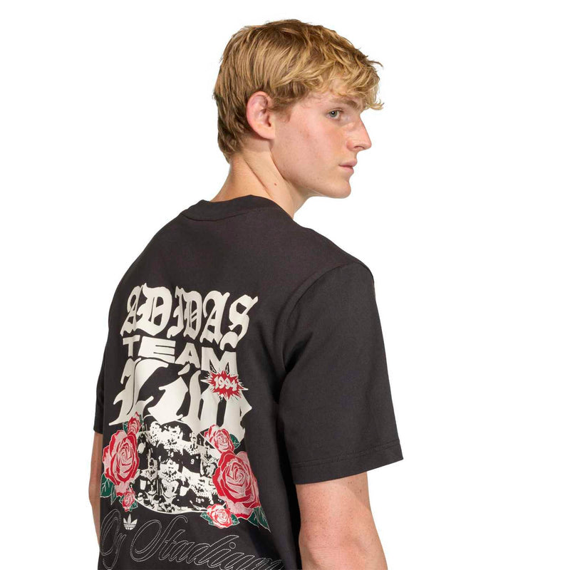 Men's black T-shirt back view with large team logo, roses, and script text