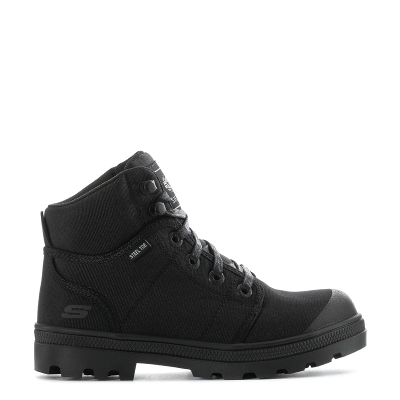Women's black high-top work boot with lace-up front and rugged lug outsole