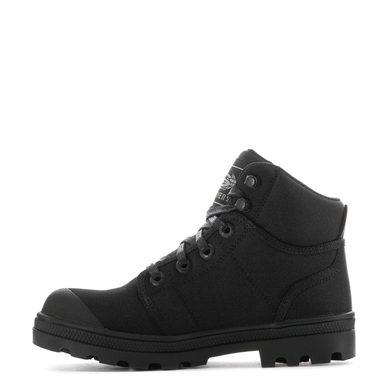 Women's black high-top work boot, side profile with lace-up closure and tread sole