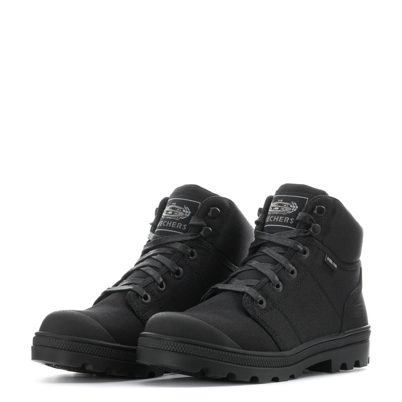 Pair of women's black high-top work boots with lace-up front and thick rubber sole