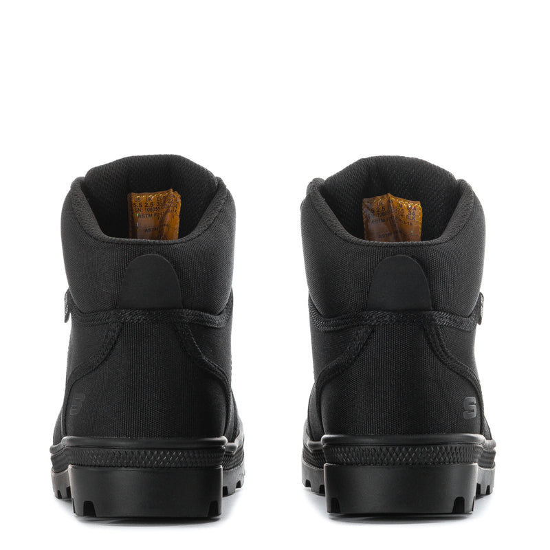 Women's black high-top work boot back view with heel cushioning and lug outsole