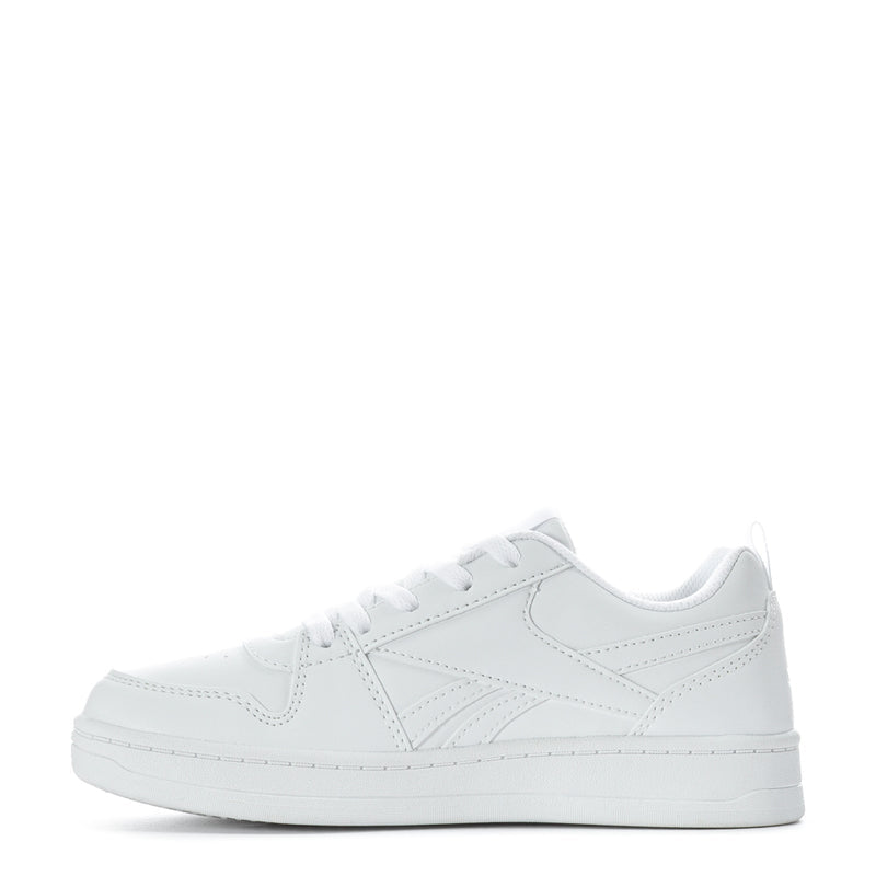 Kids' white low-top sneakers, side view with stitched panels and lace-up