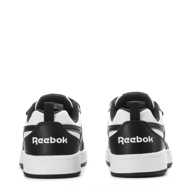 Kids Reebok sneakers heel view, black back panels with white rubber sole
