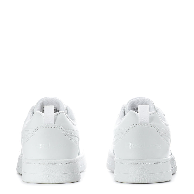 Kids' white sneakers heel view with lace-up and cushioned collar