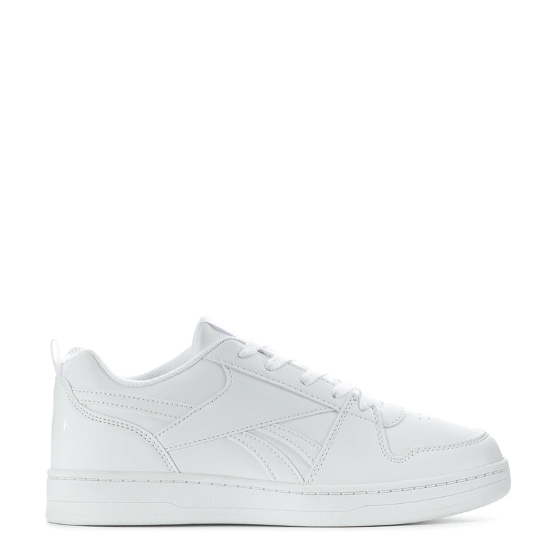 White youth lace-up sneakers with stitched side panels and low-profile rubber sole
